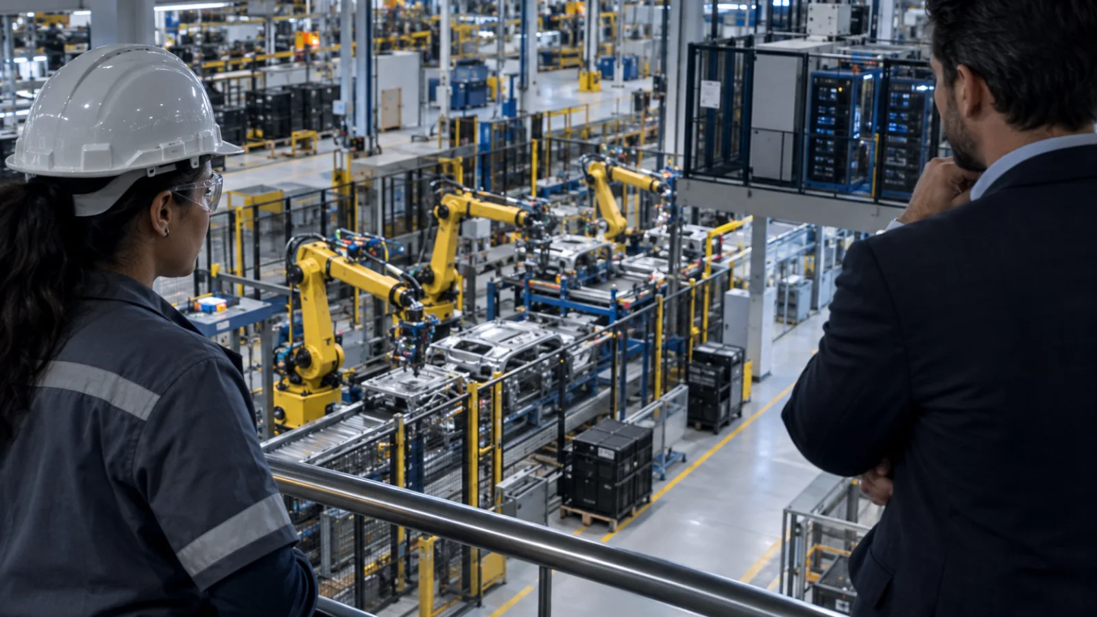 Trabalhadora e proprietário observam a mesma linha de produção automatizada com robôs industriais e infraestrutura de IA