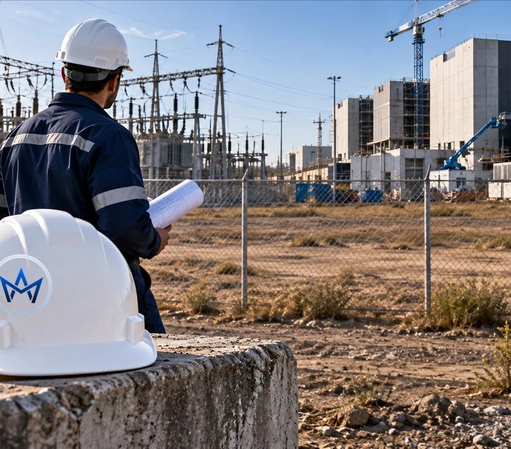 Engenheiro observa terreno e rede elétrica destinados à nova infraestrutura, com monograma Asllan Maciel no capacete