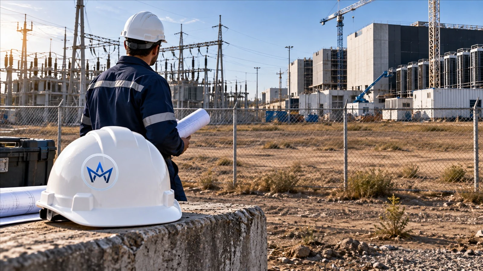 Engenheiro observa terreno e rede elétrica destinados à nova infraestrutura, com monograma Asllan Maciel no capacete