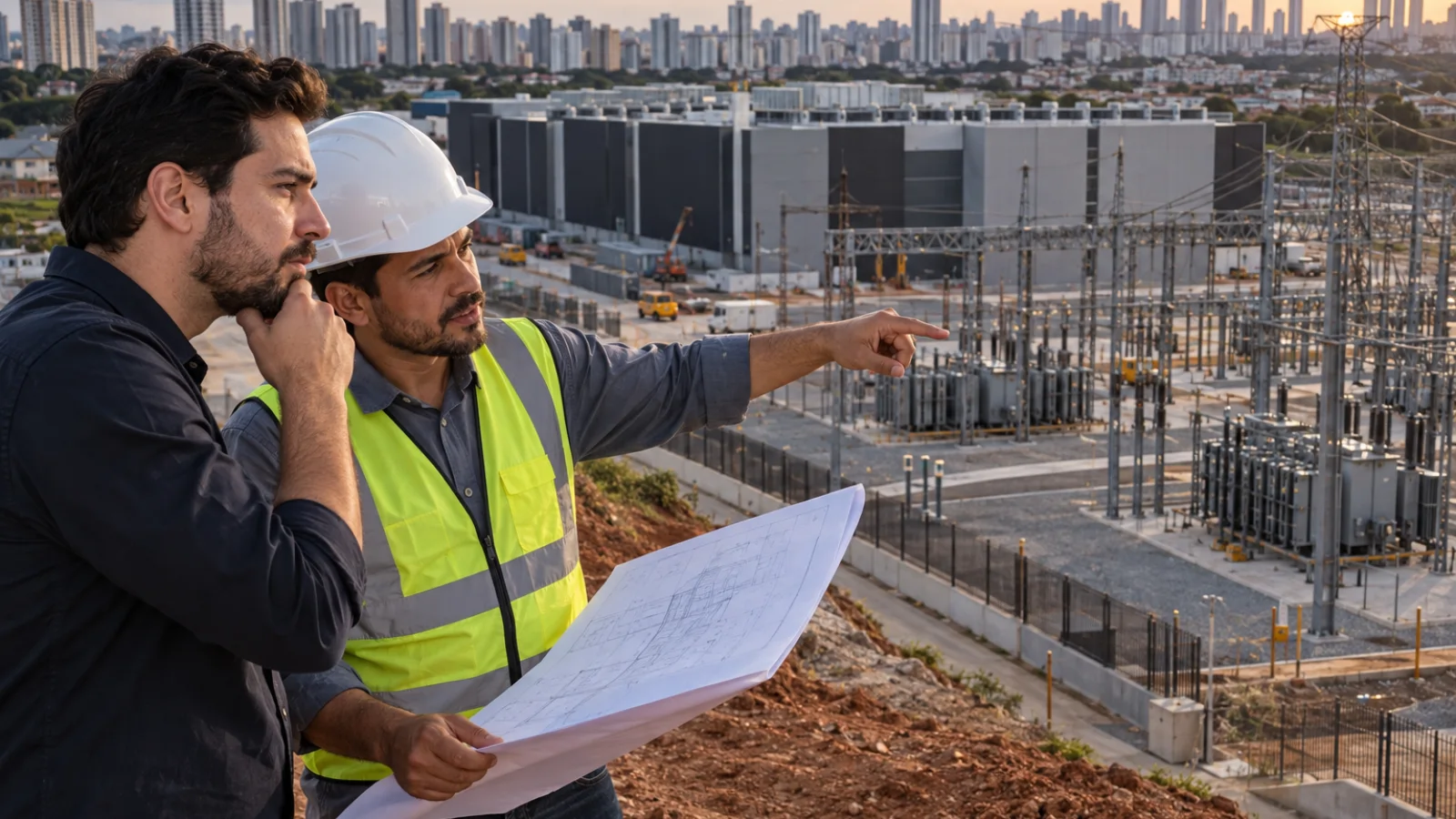 Fundador e engenheiro avaliam terreno e capacidade elétrica para infraestrutura de IA diante de uma cidade densa