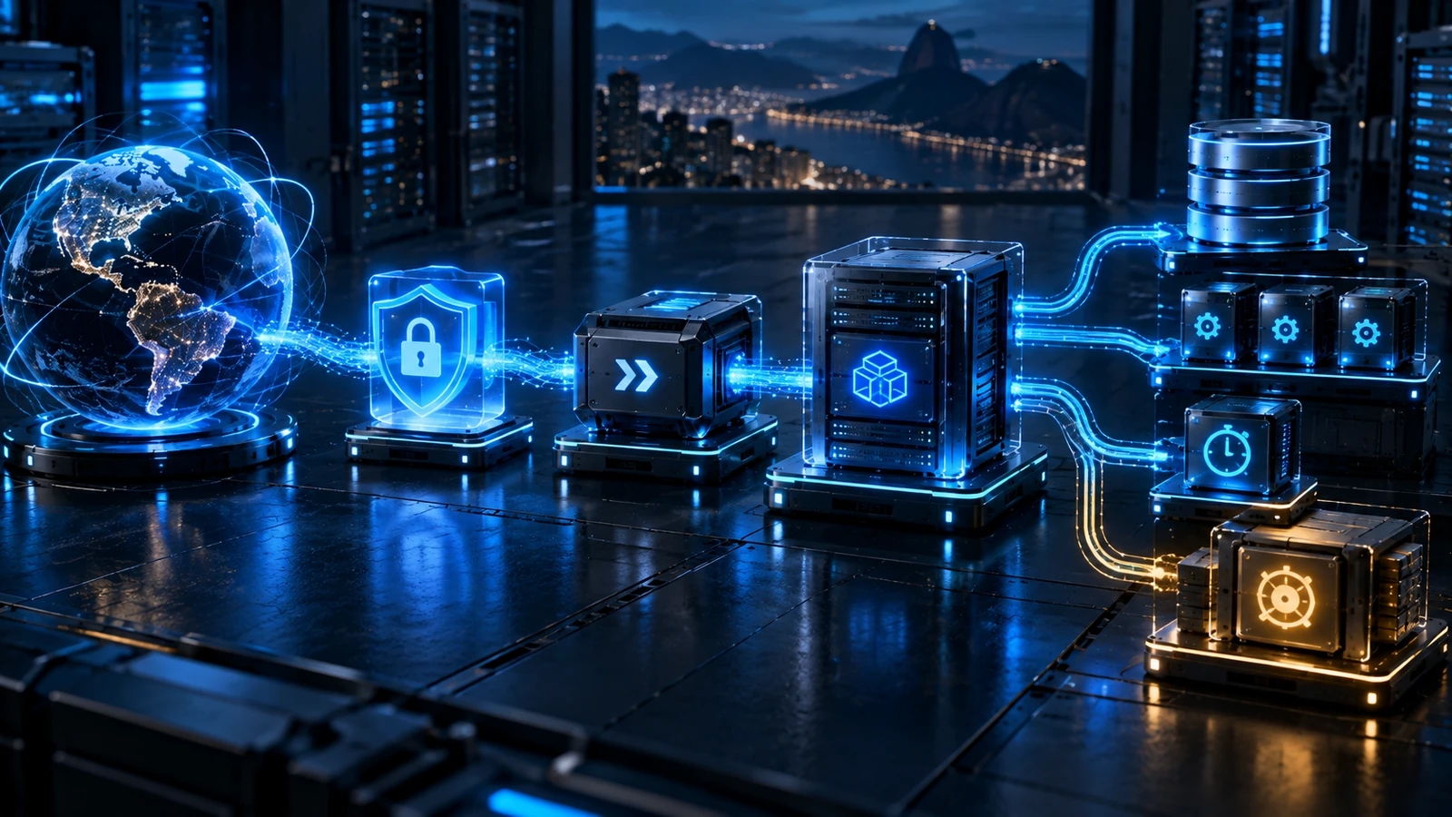 Aplicação em servidor de produção conectada a DNS, HTTPS, reverse proxy, runtime, banco e backup