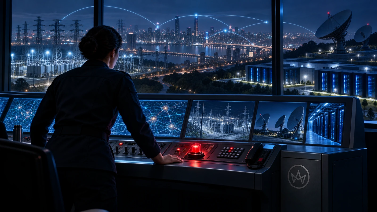Operadora humana em um centro de comando observa cidade, rede elétrica, satélites e data centers conectados, com controle físico de emergência