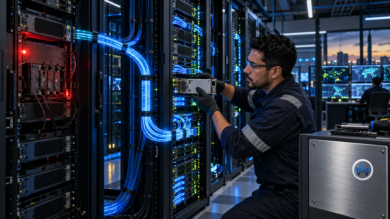 Engenheiro acompanha um sistema distribuído em que uma falha isolada é contida, o tráfego é redirecionado e o aprendizado retorna ao projeto