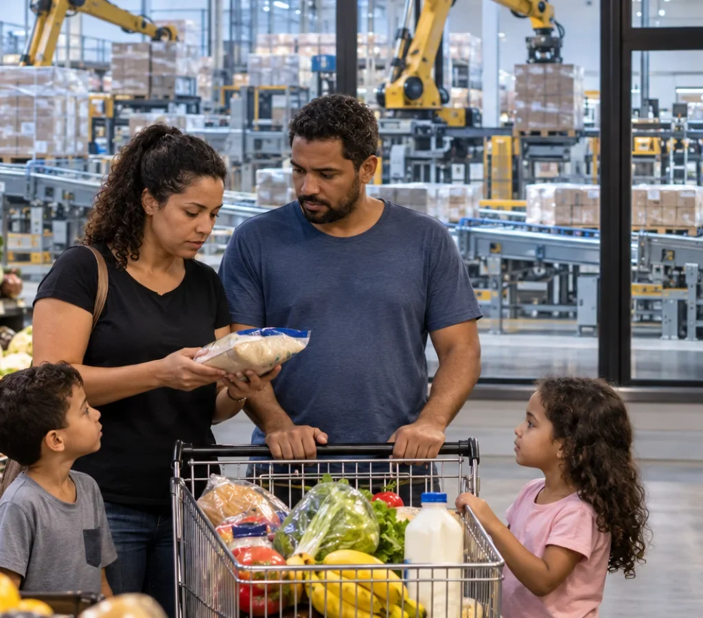 Família em supermercado abastecido com centro automatizado de distribuição ao fundo, representando abundância e acesso econômico