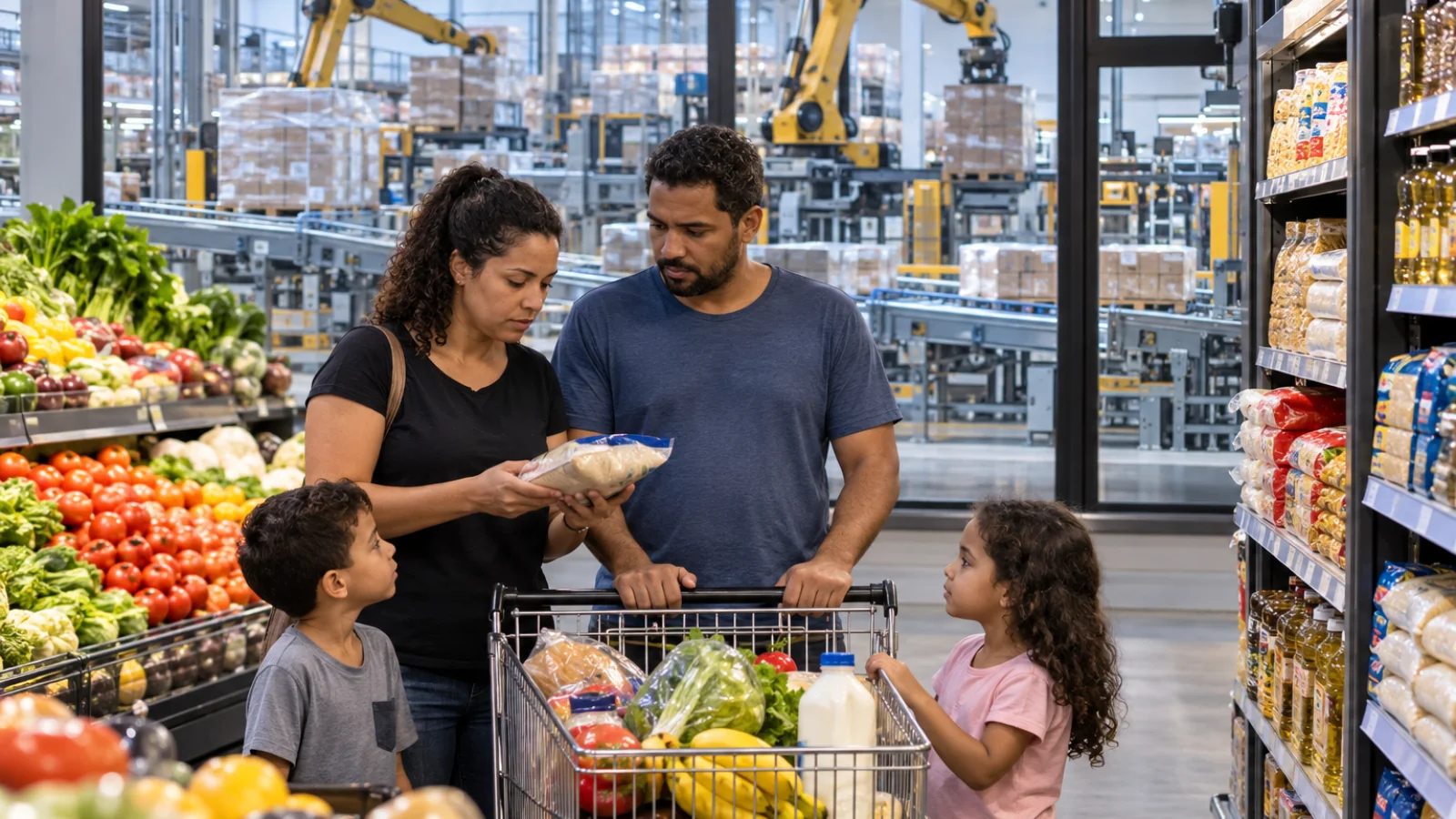 Família em supermercado abastecido com centro automatizado de distribuição ao fundo, representando abundância e acesso econômico