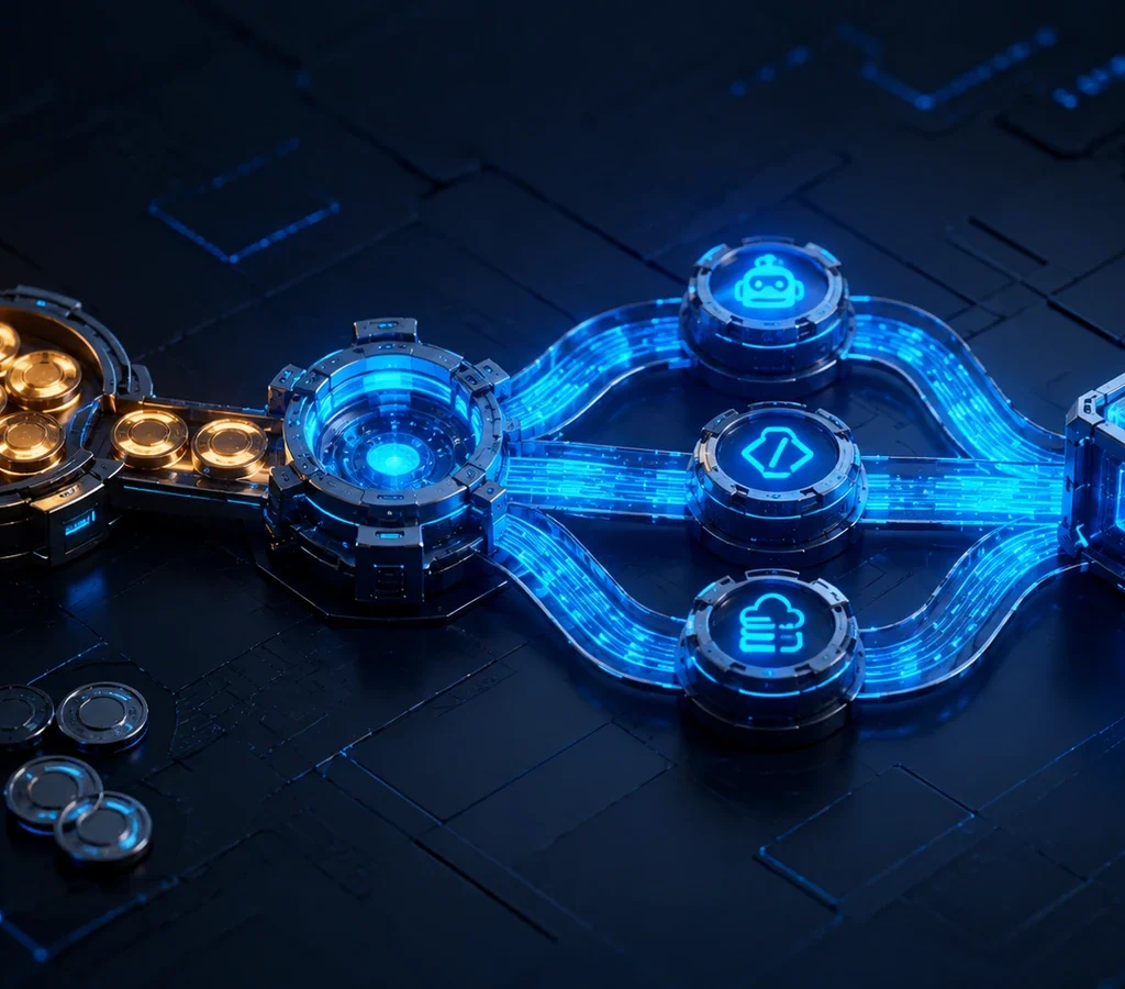 Orçamento limitado se divide entre três ferramentas de IA e converge em uma entrega de software validada, enquanto assinaturas redundantes ficam fora do fluxo