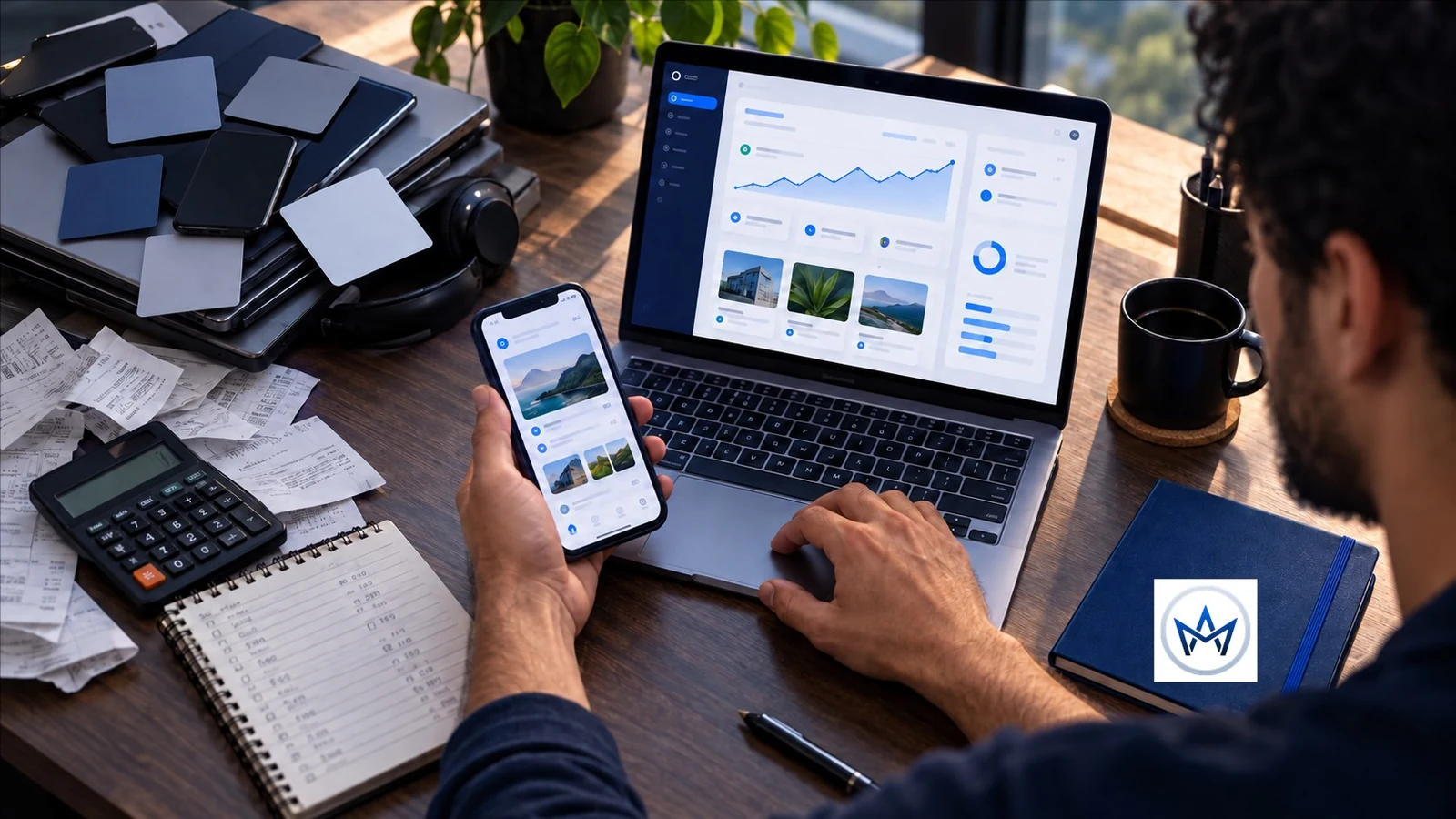 Desenvolvedor testa um produto em notebook e celular ao lado de recibos e calculadora; o monograma Asllan Maciel aparece no caderno azul