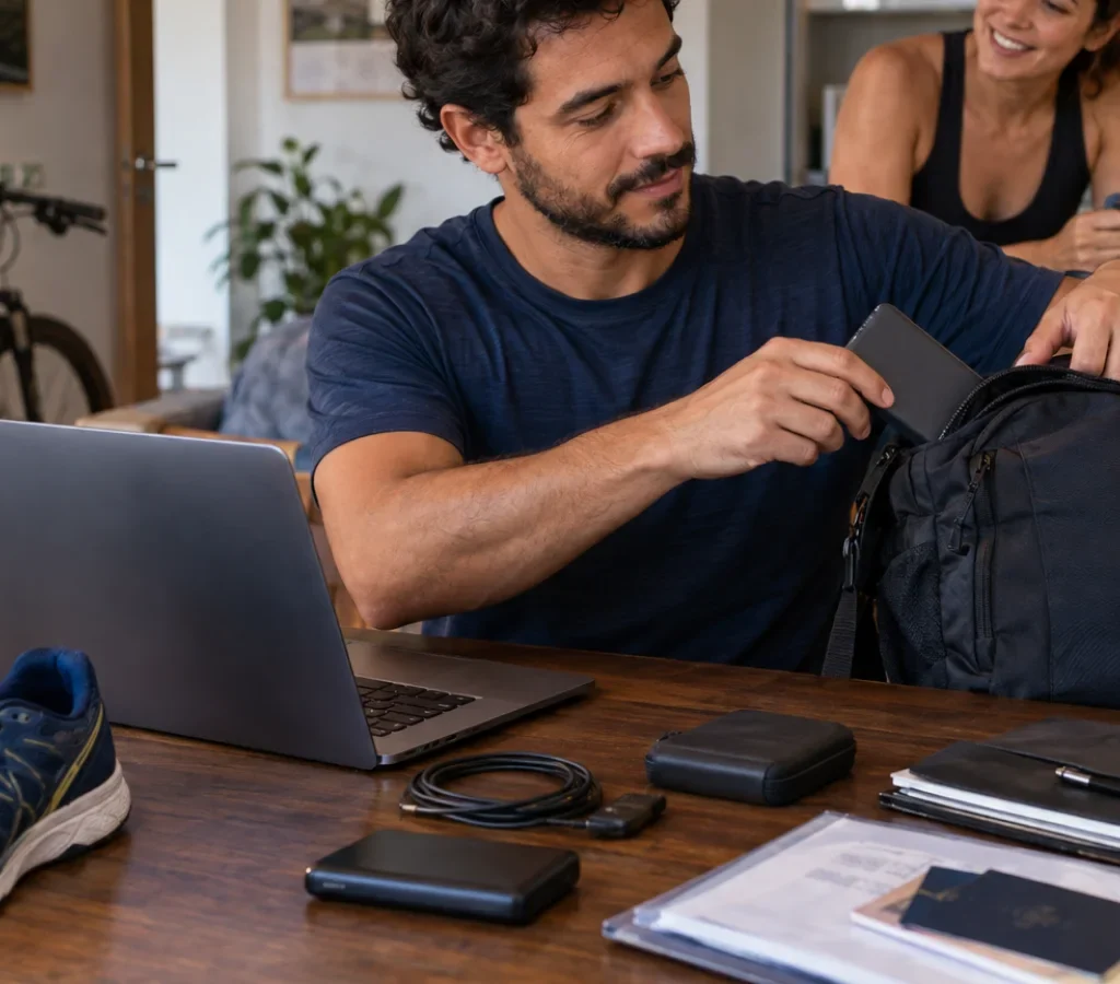 Pessoa organiza uma mesa de trabalho com notebook, documentos, mochila, itens de treino, power bank e contatos impressos como sistema de redundância pessoal