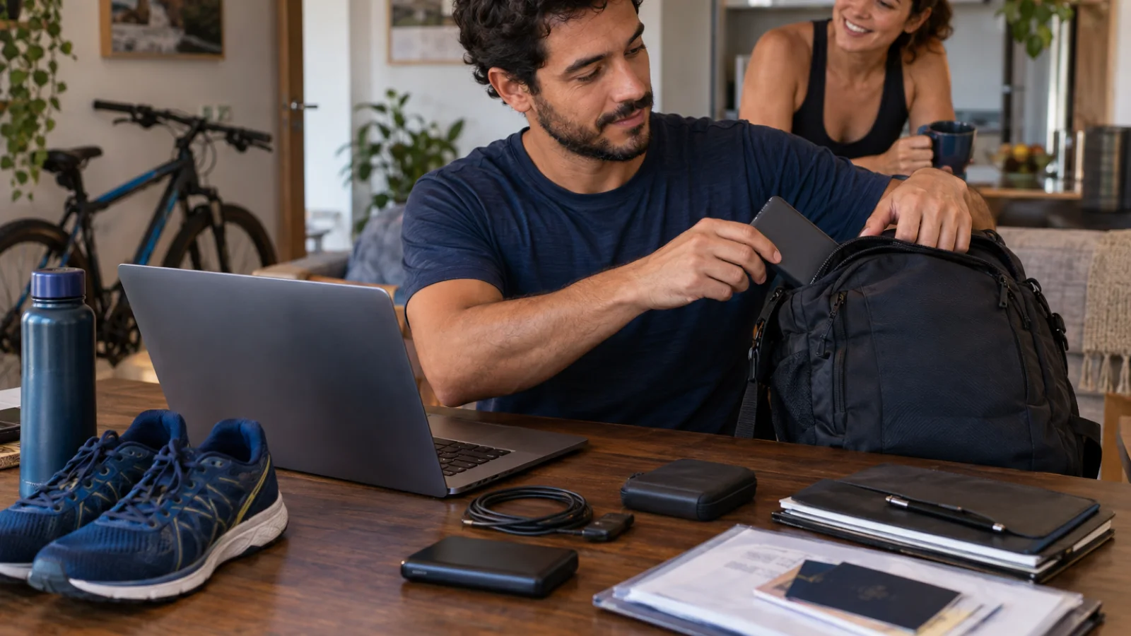 Pessoa organiza uma mesa de trabalho com notebook, documentos, mochila, itens de treino, power bank e contatos impressos como sistema de redundância pessoal