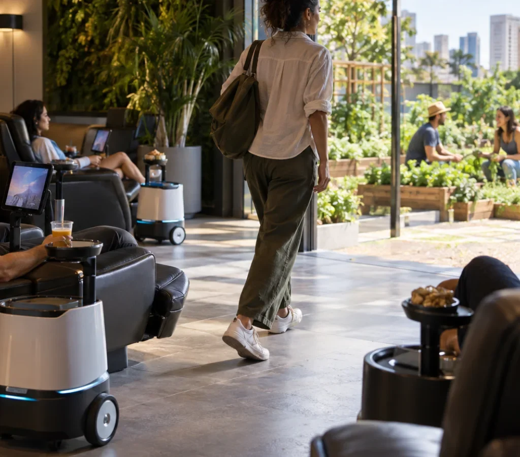 Pessoa se levanta de uma poltrona automatizada e caminha para um jardim enquanto outras permanecem cercadas por serviços automáticos