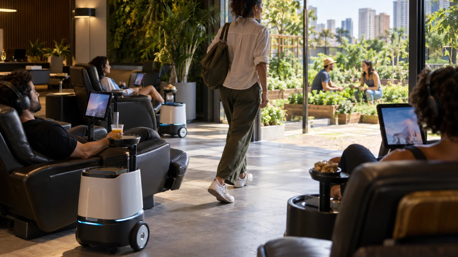 Pessoa se levanta de uma poltrona automatizada e caminha para um jardim enquanto outras permanecem cercadas por serviços automáticos