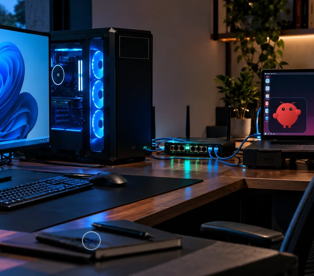Estação de trabalho Windows com terminal WSL2 e servidor Ollama representados em duas telas conectadas por uma rede local controlada