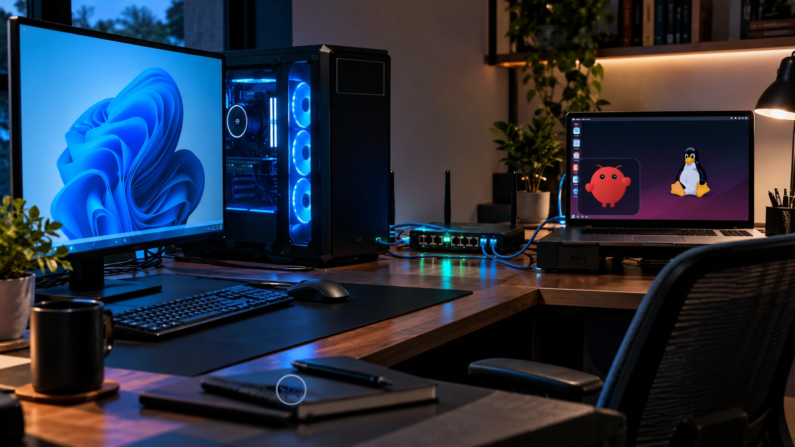 Estação de trabalho Windows com terminal WSL2 e servidor Ollama representados em duas telas conectadas por uma rede local controlada