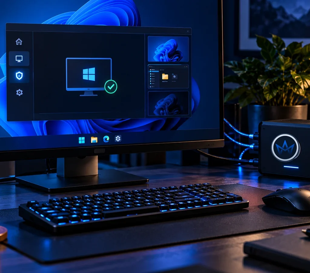 Computador Windows com duas instâncias de nó representadas em painéis técnicos, destacando a diferença entre captura de tela e controle gráfico autorizado