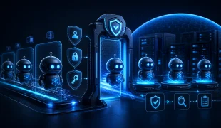 Corredor digital escuro com três portais geométricos de autorização e checkpoints luminosos representando controle de acesso para agentes de IA