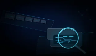 Módulos de software são produzidos em sequência enquanto uma lente destaca dependências internas e uma conexão quebrada em um módulo aberto