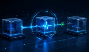 Três containers conectados com monitoramento de saúde e sinal luminoso de disponibilidade