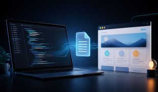 Editor e navegador conectados por um documento HTML