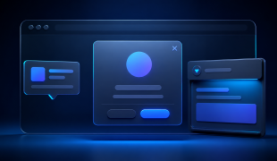 Interface HTML moderna com modal, popover e painel expansível em tons de azul e ciano
