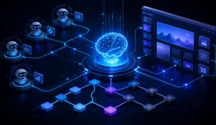 Núcleo de inteligência artificial conectado a agentes, código e uma interface modular de publicação
