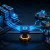 Blocos digitais iluminados representam diferentes componentes de software e infraestrutura de IA conectados por um fluxo de dados em ambiente escuro