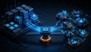 Blocos digitais iluminados representam diferentes componentes de software e infraestrutura de IA conectados por um fluxo de dados em ambiente escuro