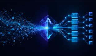 Fluxo de inteligência artificial transformando dados desorganizados em blocos estruturados para automação