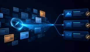 Sistema de IA pesquisando páginas da Web e organizando fontes verificadas com citações