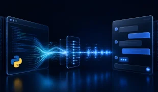 Fluxo luminoso de eventos saindo de uma aplicação Python e chegando em uma interface de conversa em tempo real