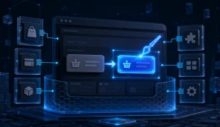 Ilustração técnica comparando wrappers sobre HTML extensível com uma classe CSS adicionada a um elemento controlado pelo WooCommerce